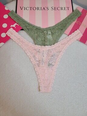 VS PINK 2pk Sheer Lace Ultra Mini Scoop Thong Panties Size M Pink & Green